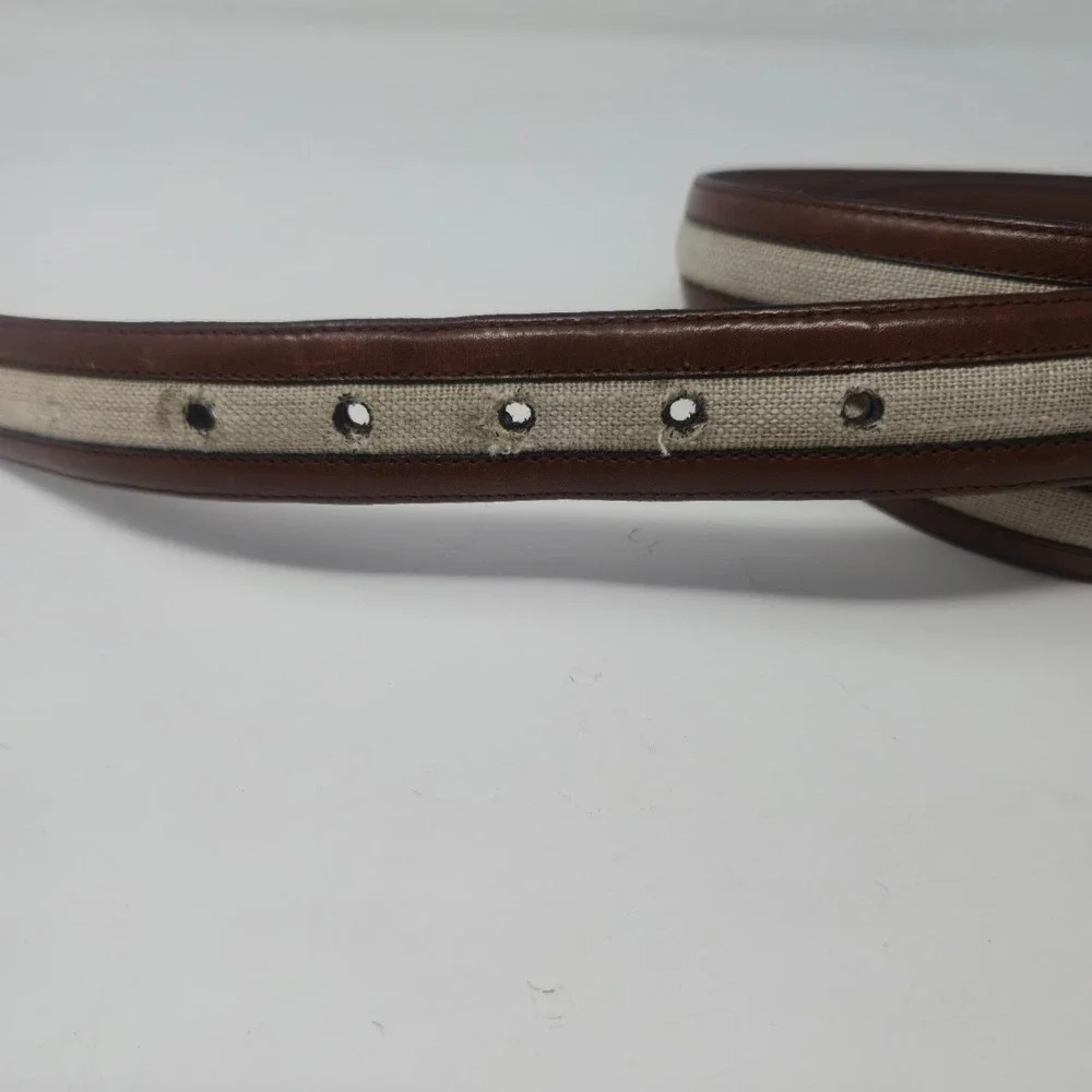 AS IS Saks Fifth Avenue Belt 38 M-3832 Spain Brown Leather Linen - MISSING PRONG